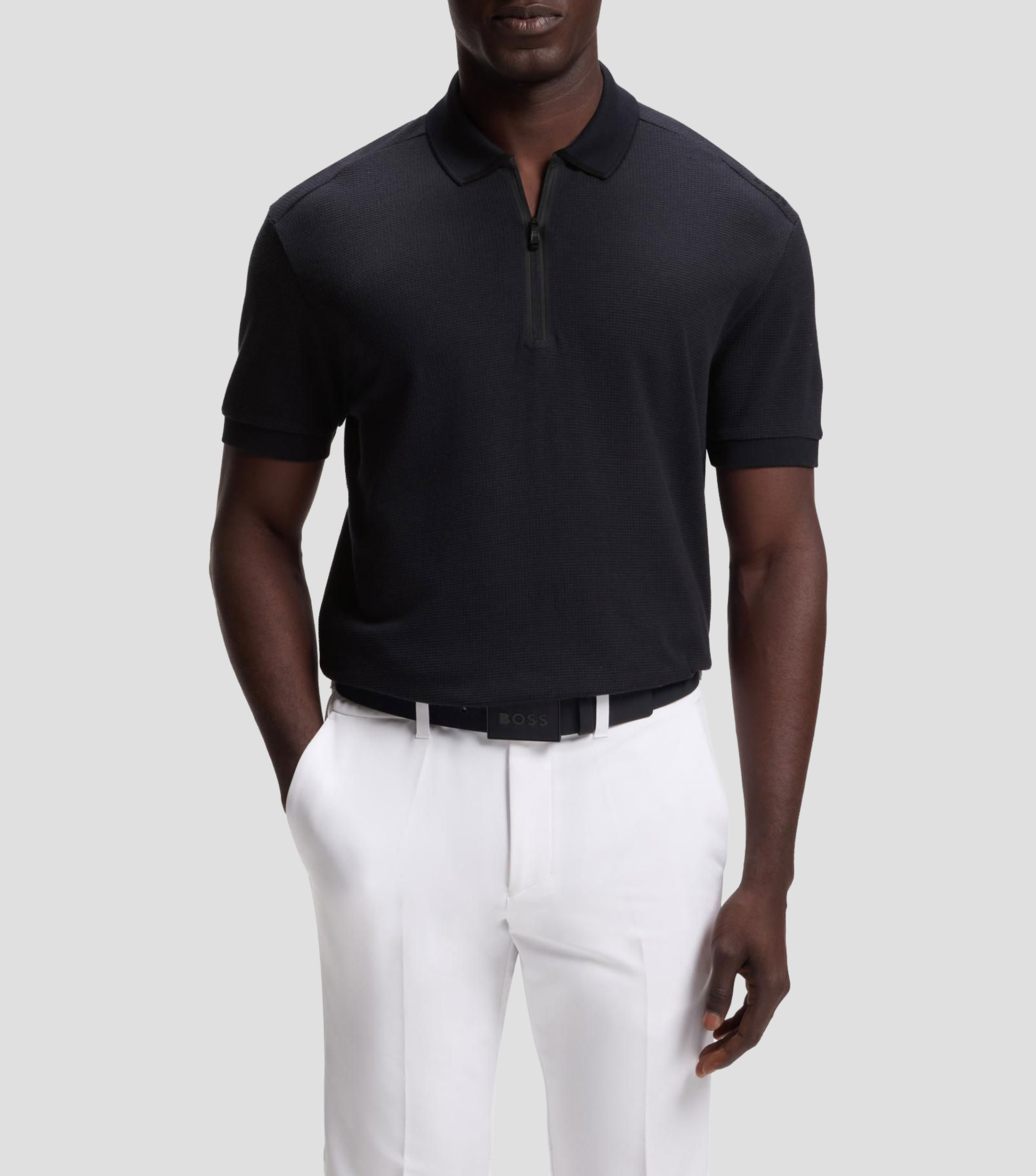 Polo en jacquard de rejilla con cuello con cremallera Hombre